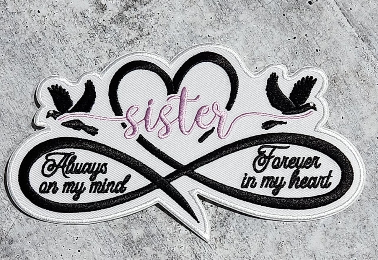 Memorial Infinity Collection: Patch Party Club, "SISTER" Eternal Remembrance 1-pc, Iron-On Embroidered Patch, Sz 6", Tribute Hono